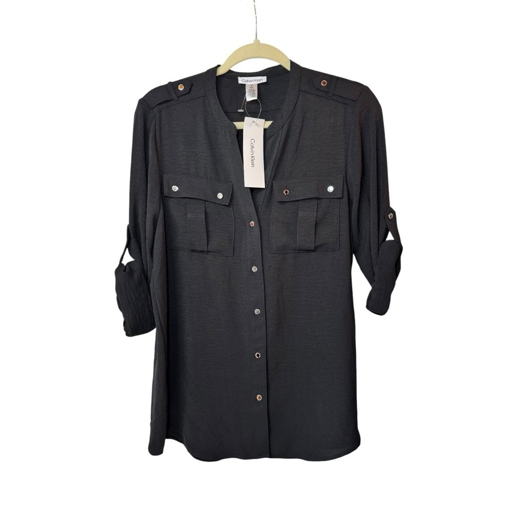 Calvin Klein Black Utility Button-Up Shirt with Silver Buttons M NWT